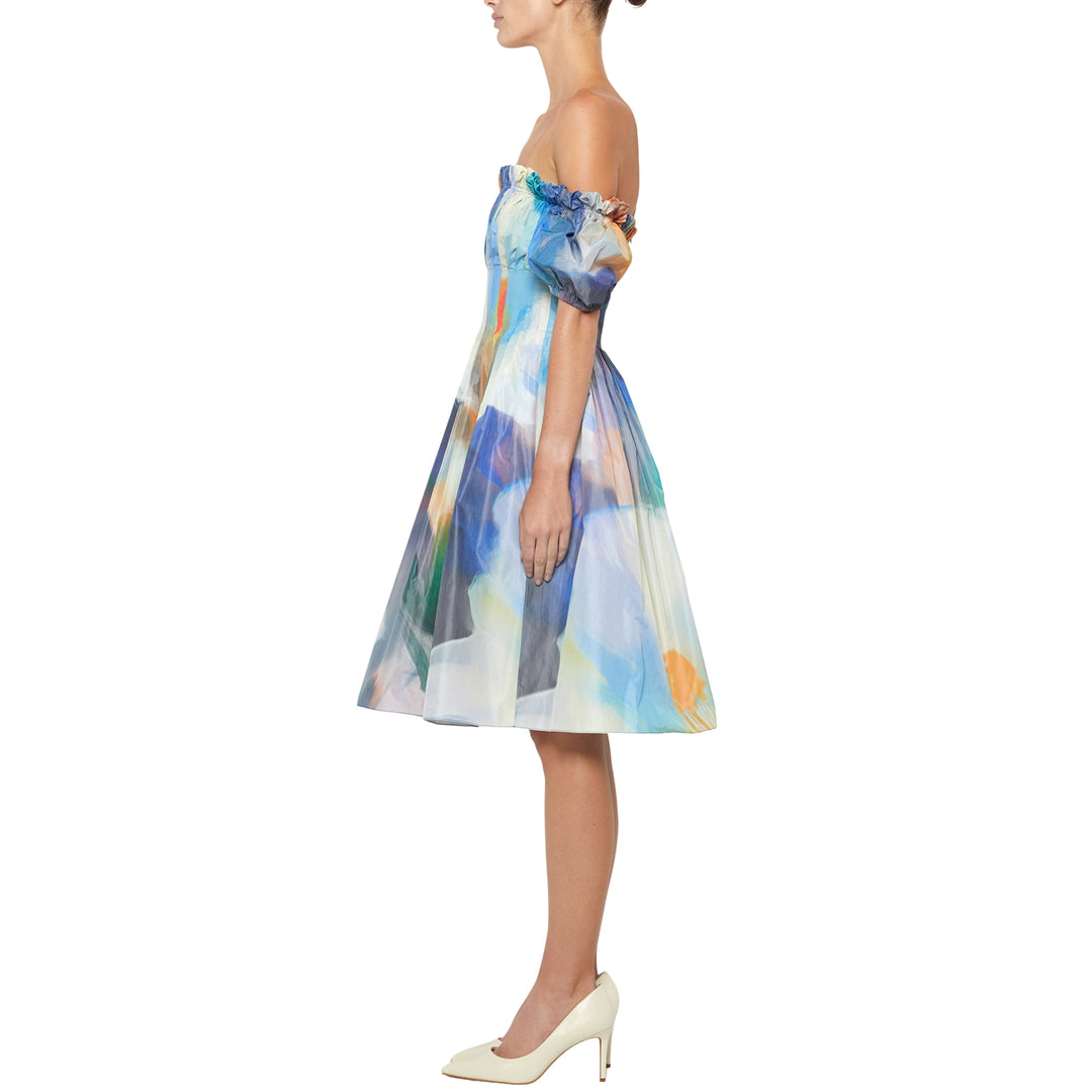 Off Shoulder Ruched Dress in Blue Multi