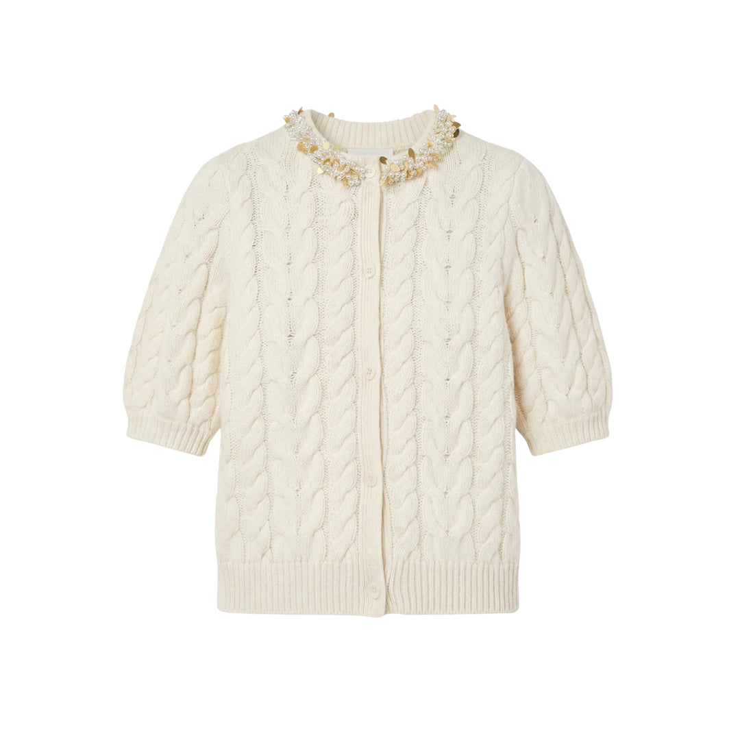 Olivia Short Sleeves Knit Cardigan with Embellishment in Pearl
