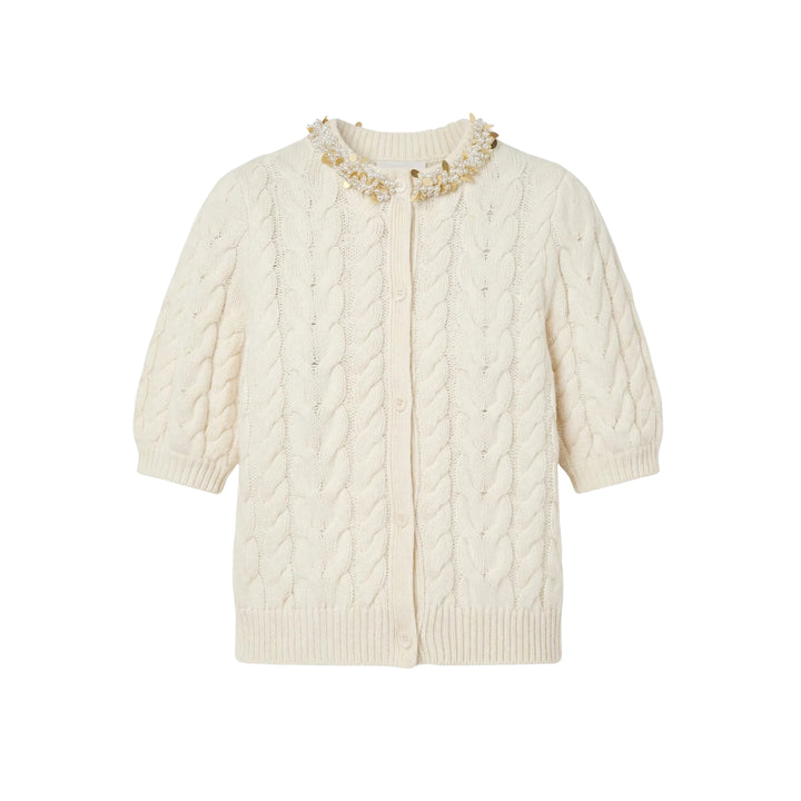 Olivia Short Sleeves Knit Cardigan with Embellishment in Pearl