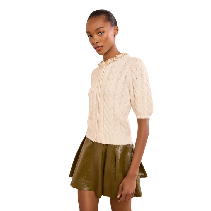 Olivia Short Sleeves Knit Cardigan with Embellishment in Pearl