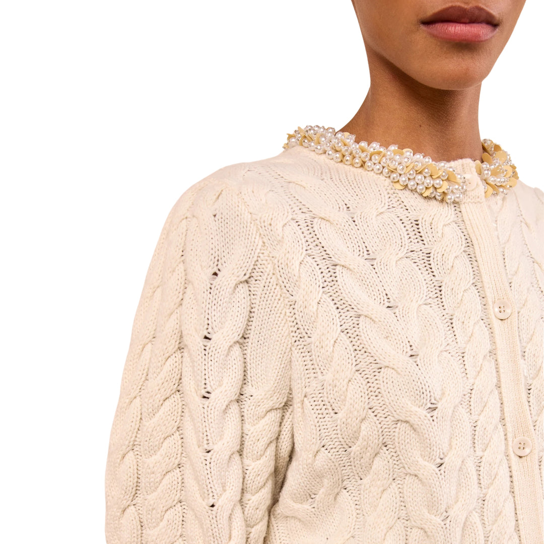 Olivia Short Sleeves Knit Cardigan with Embellishment in Pearl