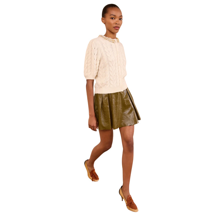 Olivia Short Sleeves Knit Cardigan with Embellishment in Pearl