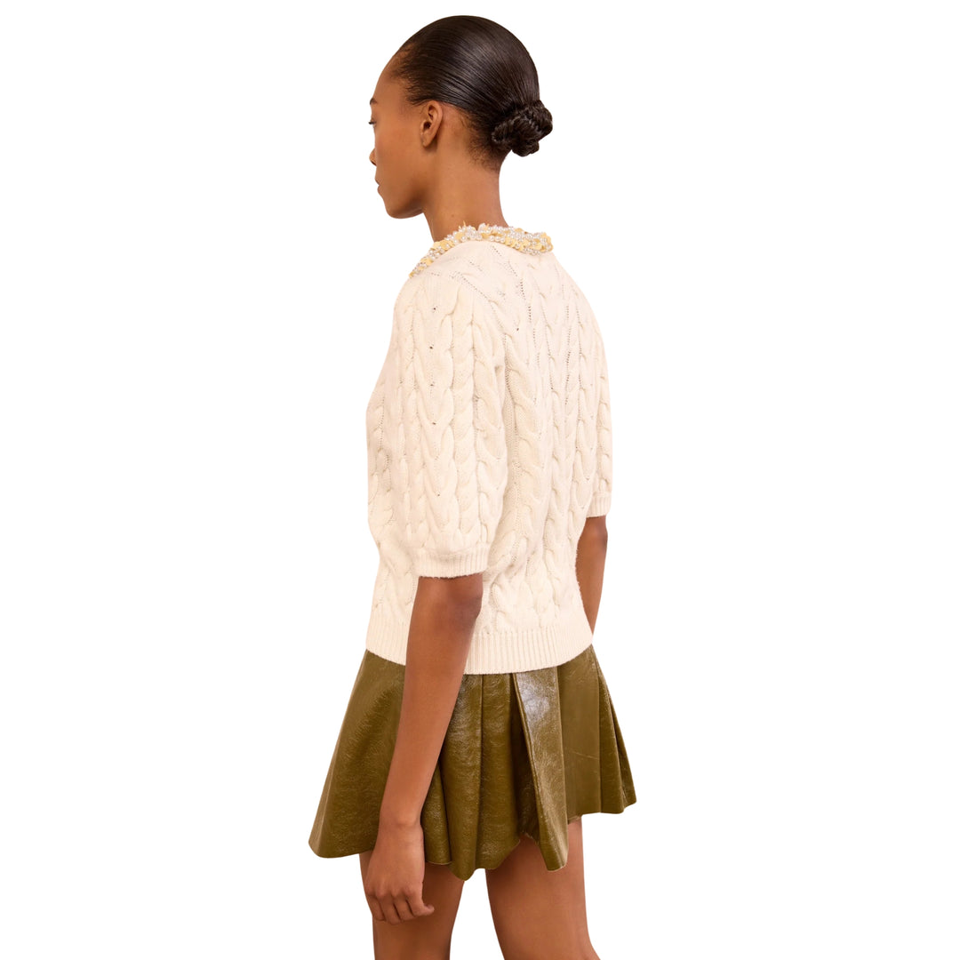 Olivia Short Sleeves Knit Cardigan with Embellishment in Pearl