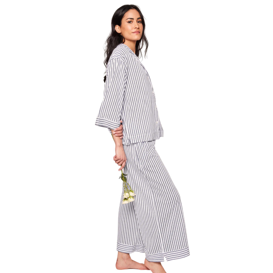 Olivia Wide Leg Pajama in Navy French Ticking