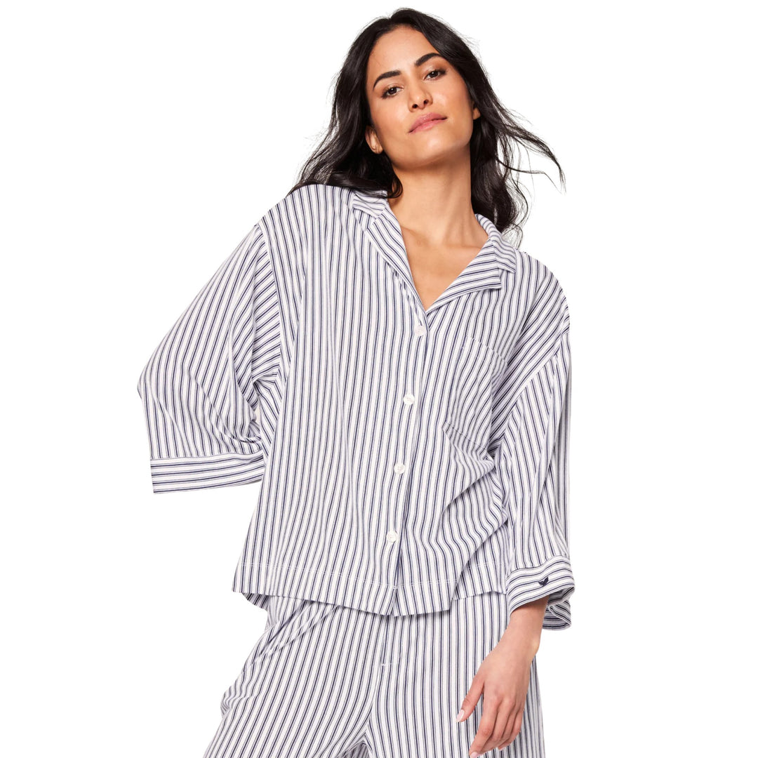 Olivia Wide Leg Pajama in Navy French Ticking