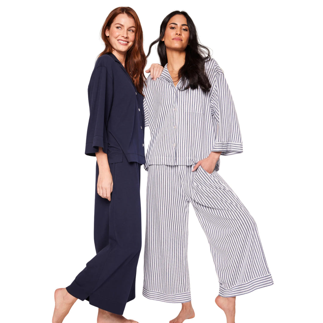 Olivia Wide Leg Pajama in Navy French Ticking