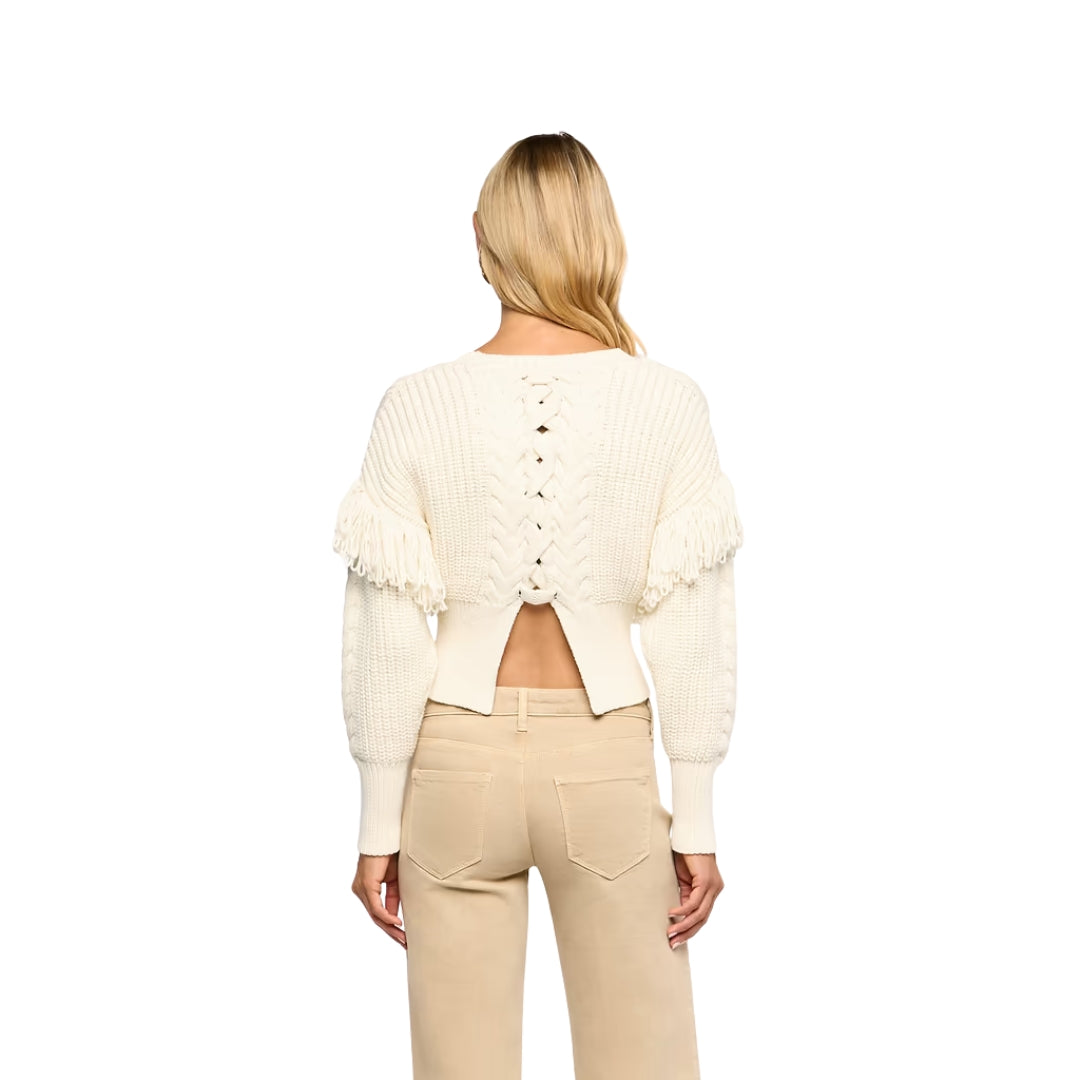 Ottavia Lace Back Cable Pullover in Ivory