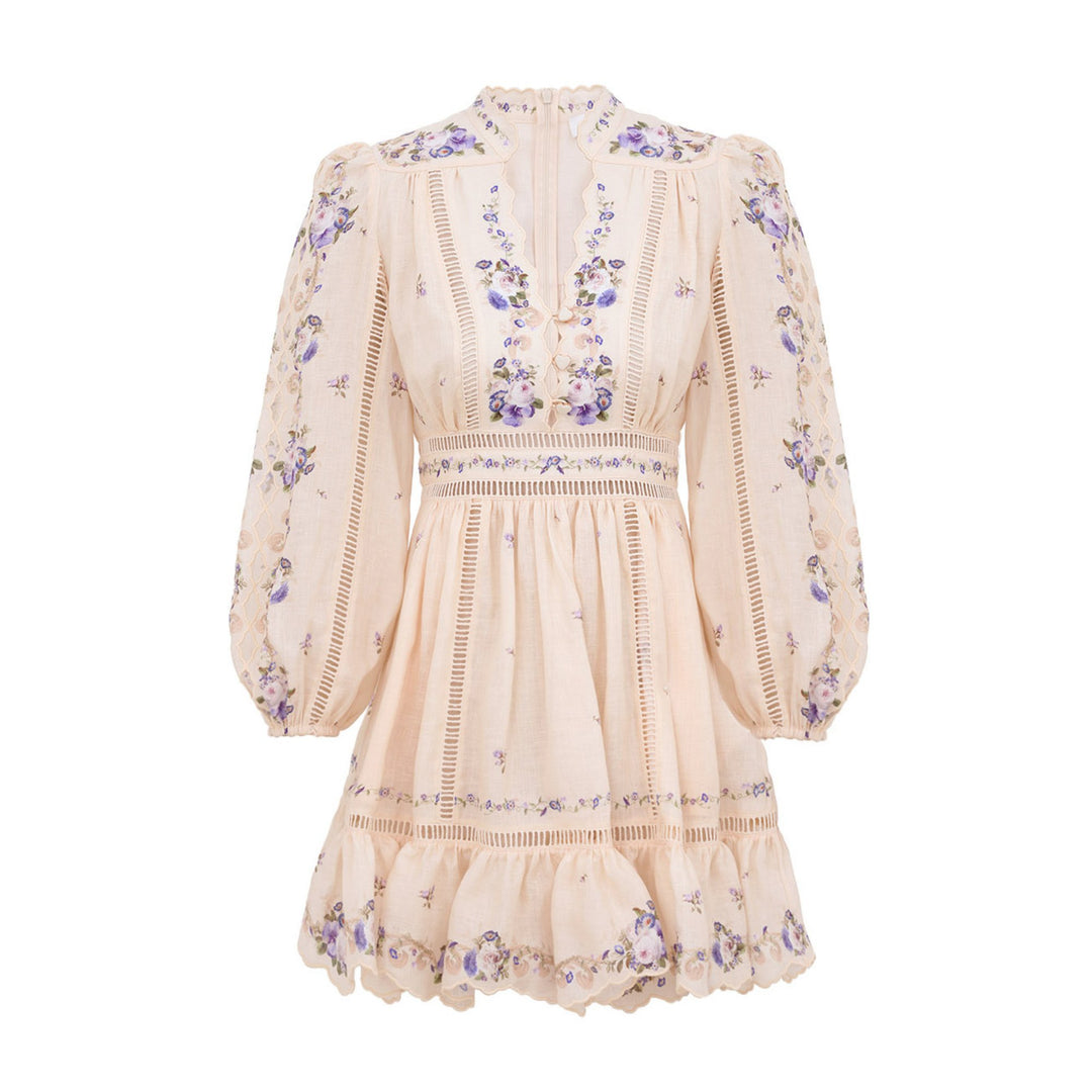 ZIMMERMANN Patience Plunge Mini Dress | Cream/Purple Rose | Size 2 ZIMMERMANN Patience Plunge Mini Dress | Cream/Purple Rose | Size 2