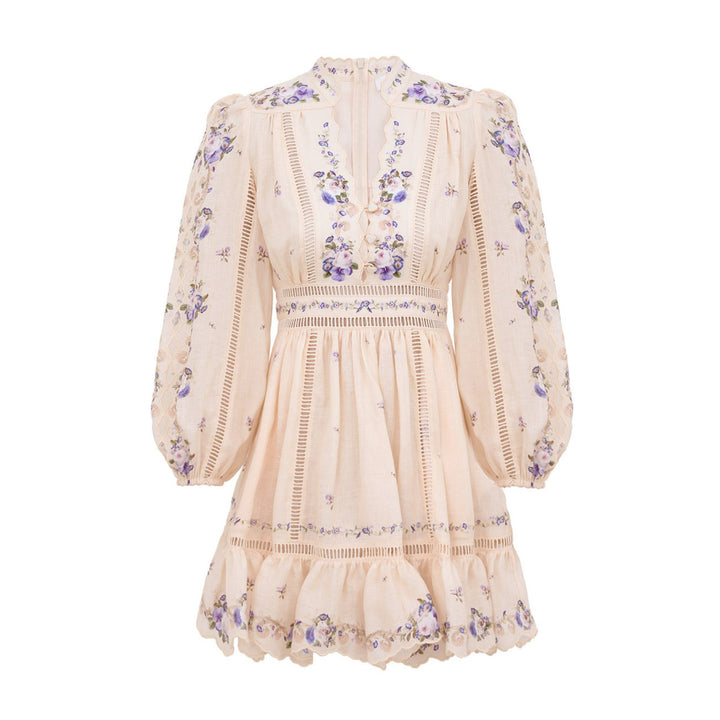 Patience Plunge Mini Dress in Cream/Purple Rose
