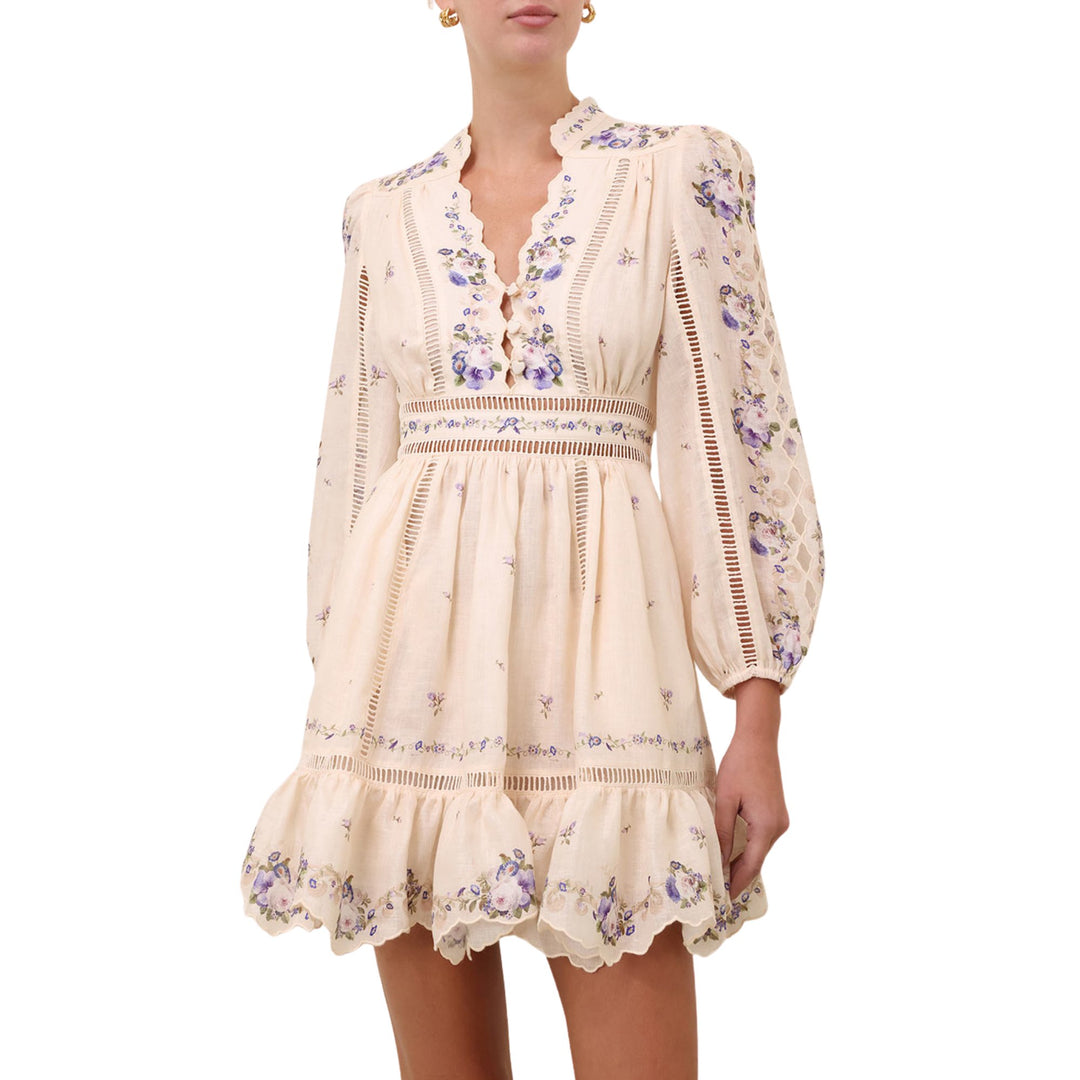 Patience Plunge Mini Dress in Cream/Purple Rose