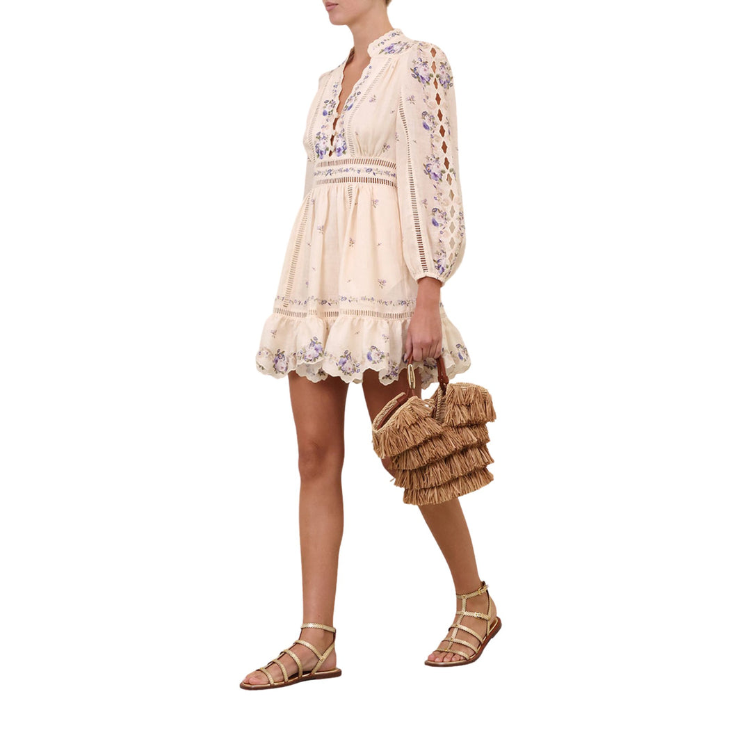 Patience Plunge Mini Dress in Cream/Purple Rose