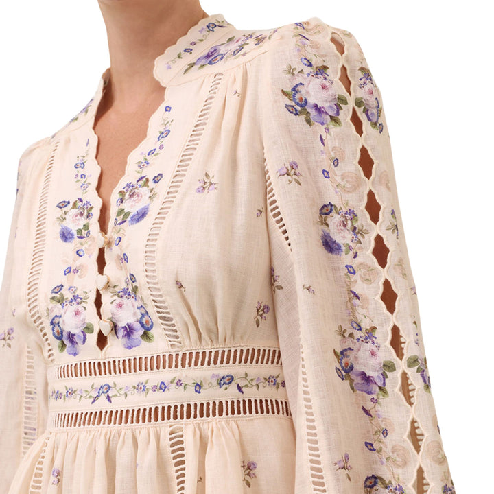 Patience Plunge Mini Dress in Cream/Purple Rose