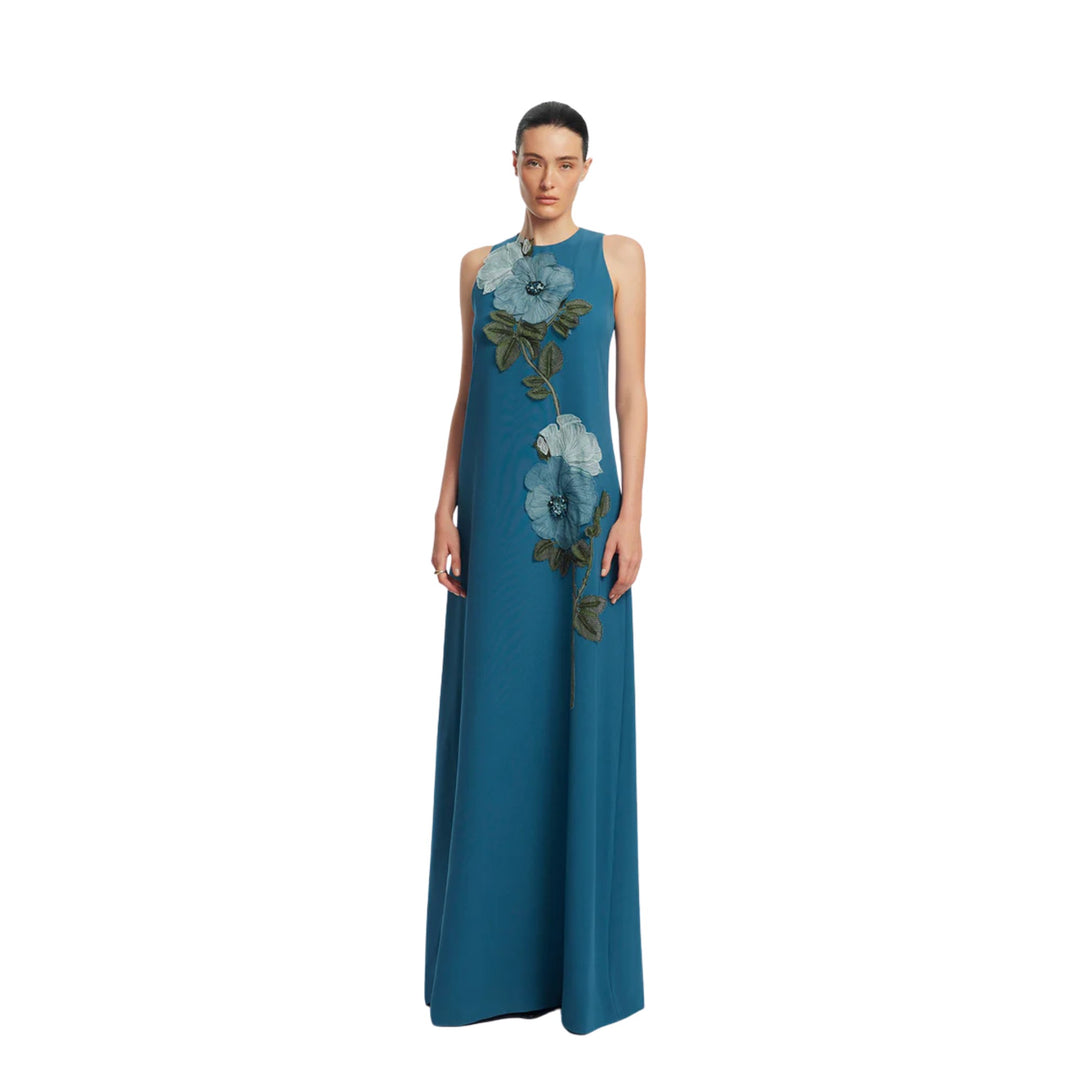 Peony Embroidered Fluid Crepe Francie Gown in Mallard/Mallard