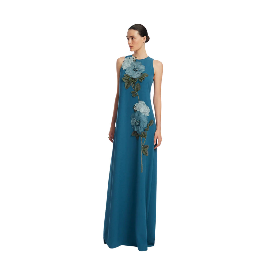 Peony Embroidered Fluid Crepe Francie Gown in Mallard/Mallard