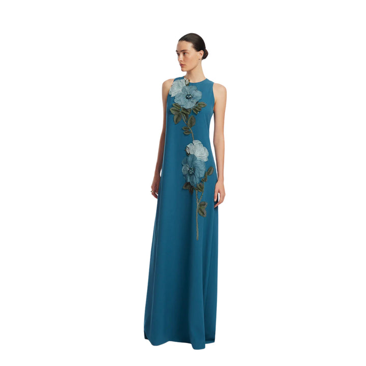 Peony Embroidered Fluid Crepe Francie Gown in Mallard/Mallard