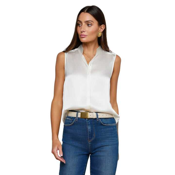 Phoebe Sleeveless Band Collar Blouse in Ivory