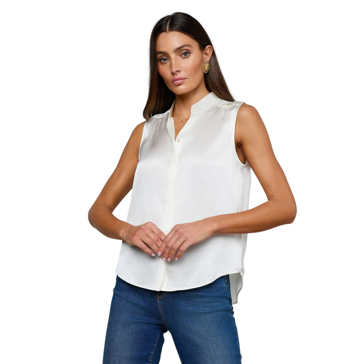 Phoebe Sleeveless Band Collar Blouse in Ivory