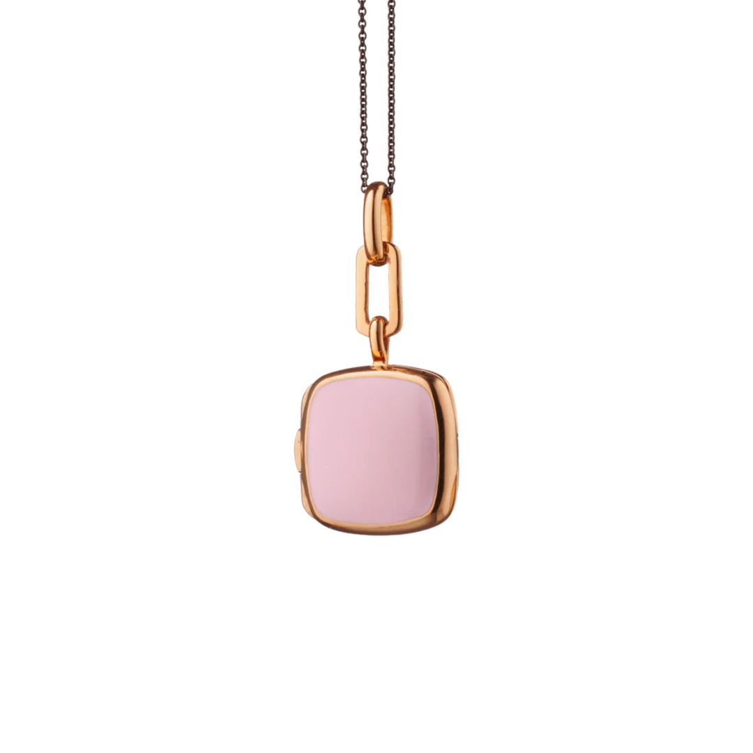 Pink Enamel Silver & Rose Gold Locket on 17" Black Steel Chain