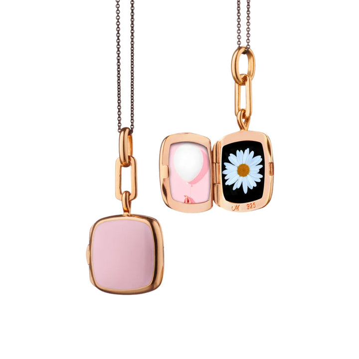 Pink Enamel Silver & Rose Gold Locket on 17" Black Steel Chain