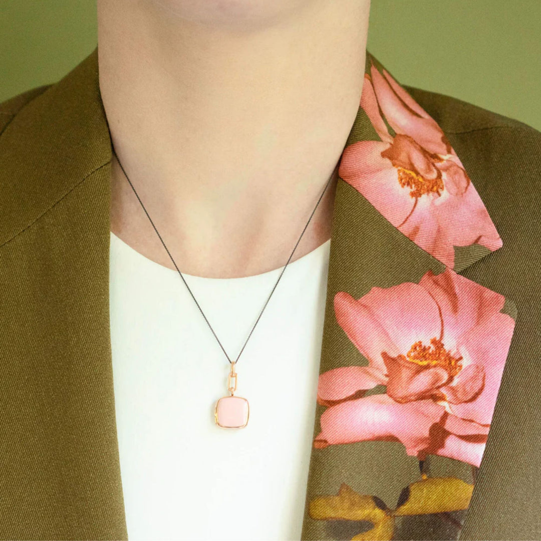 Pink Enamel Silver & Rose Gold Locket on 17" Black Steel Chain