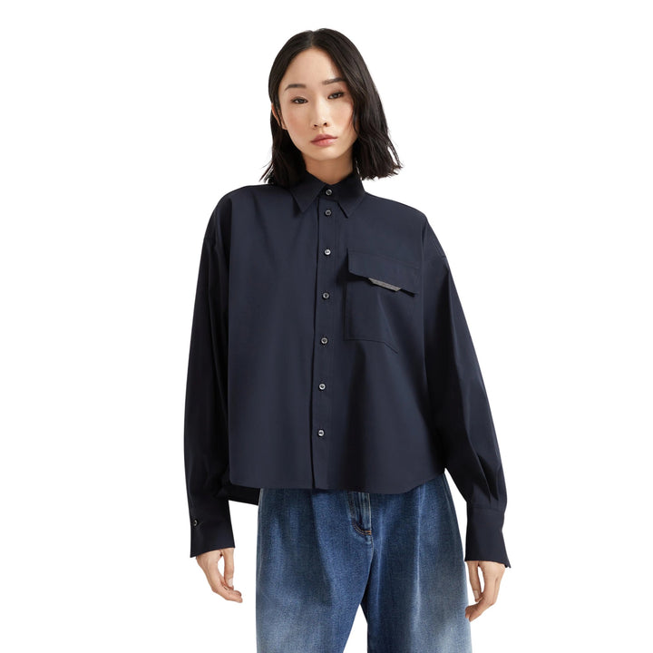 Poplin Stretch Shiny Flap Button Down Shirt in Dark Blue