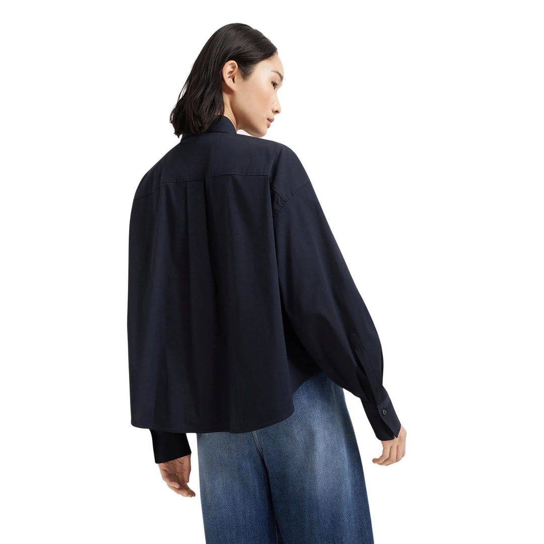 Poplin Stretch Shiny Flap Button Down Shirt in Dark Blue