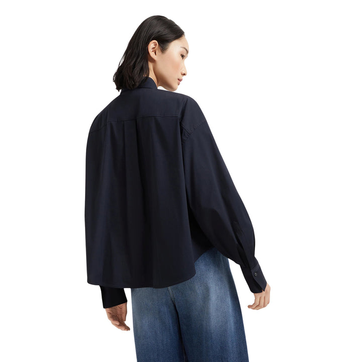 Poplin Stretch Shiny Flap Button Down Shirt in Dark Blue