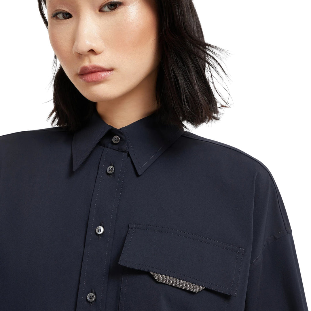 Poplin Stretch Shiny Flap Button Down Shirt in Dark Blue