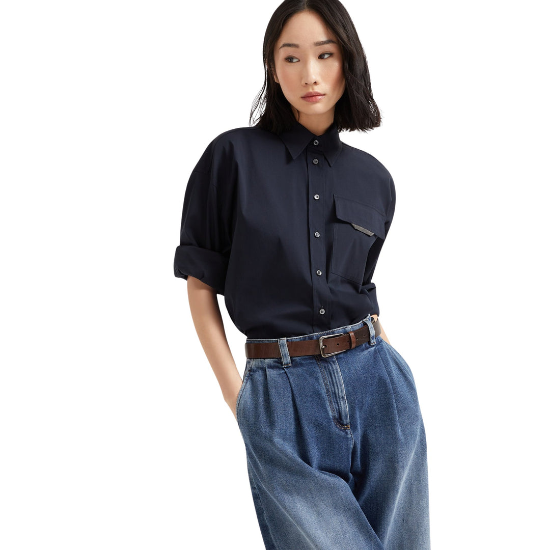 Poplin Stretch Shiny Flap Button Down Shirt in Dark Blue