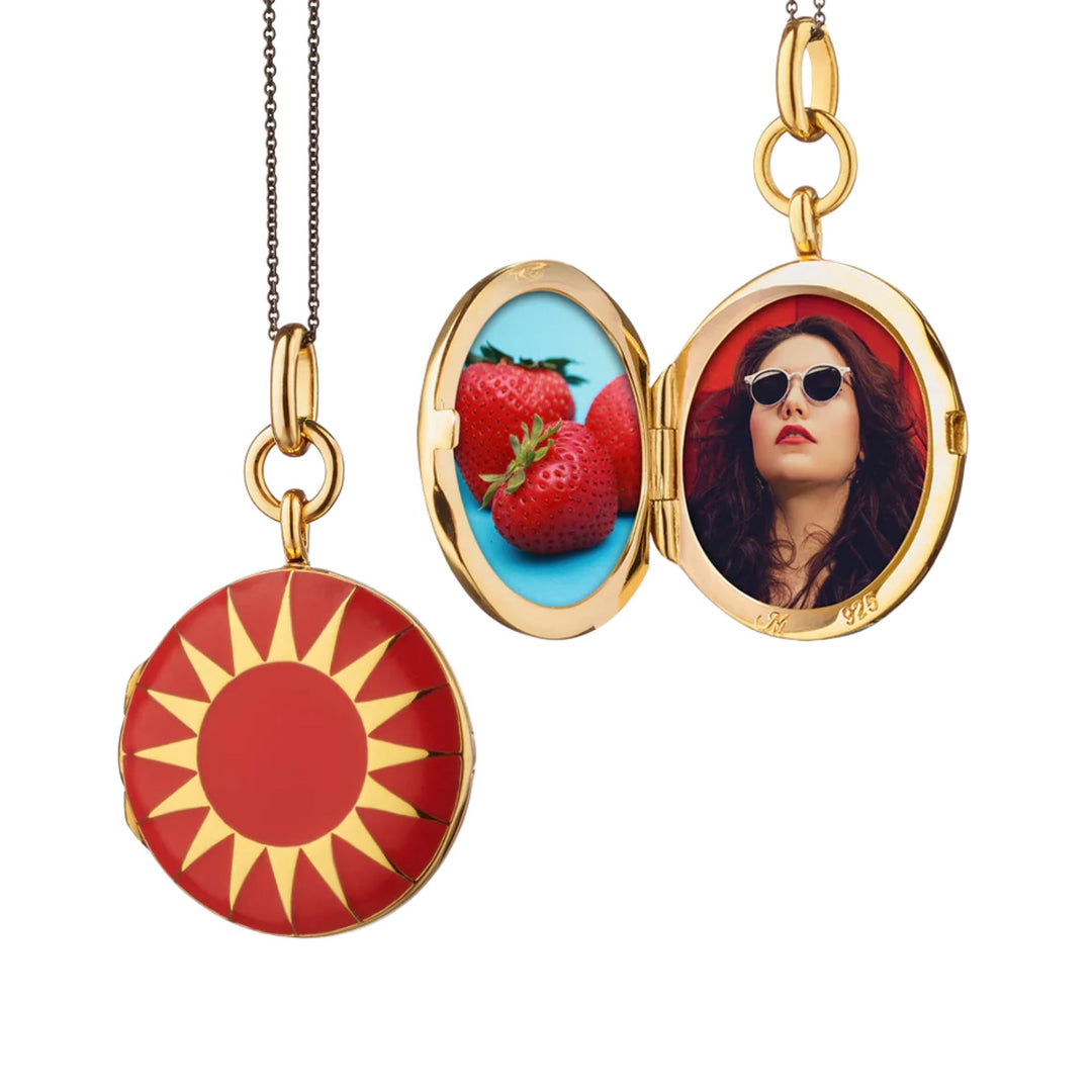 Sterling Silver Round Enamel Locket in Red w/ 18k Yg Vermeil Sun Detail on 17" Chain