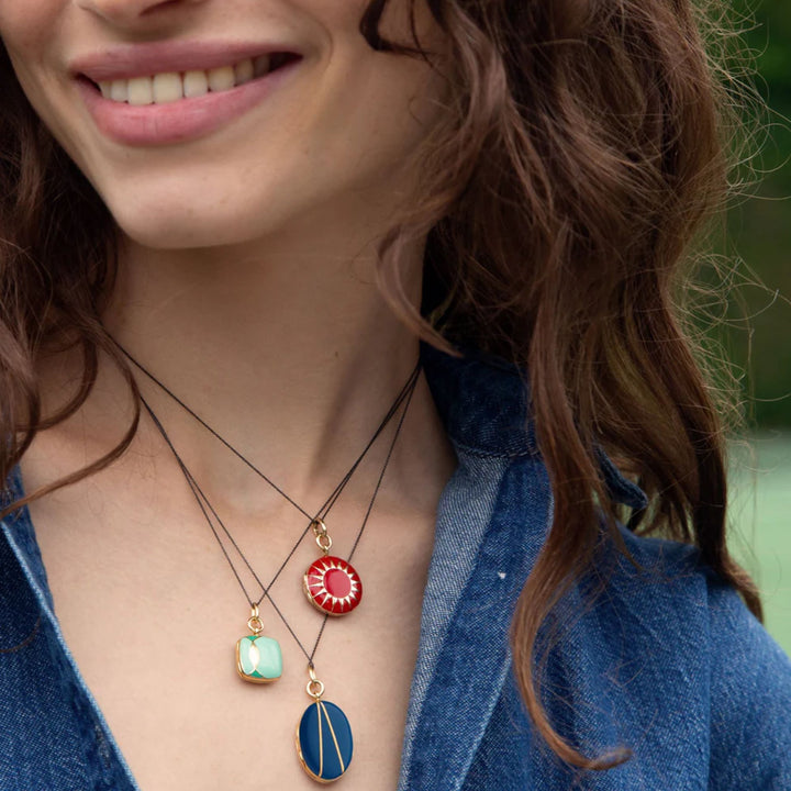 Sterling Silver Round Enamel Locket in Red w/ 18k Yg Vermeil Sun Detail on 17" Chain