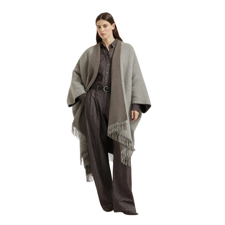 Reversible Cashmere with Lurex Herringbone Poncho - Brown/Pearl CYO16