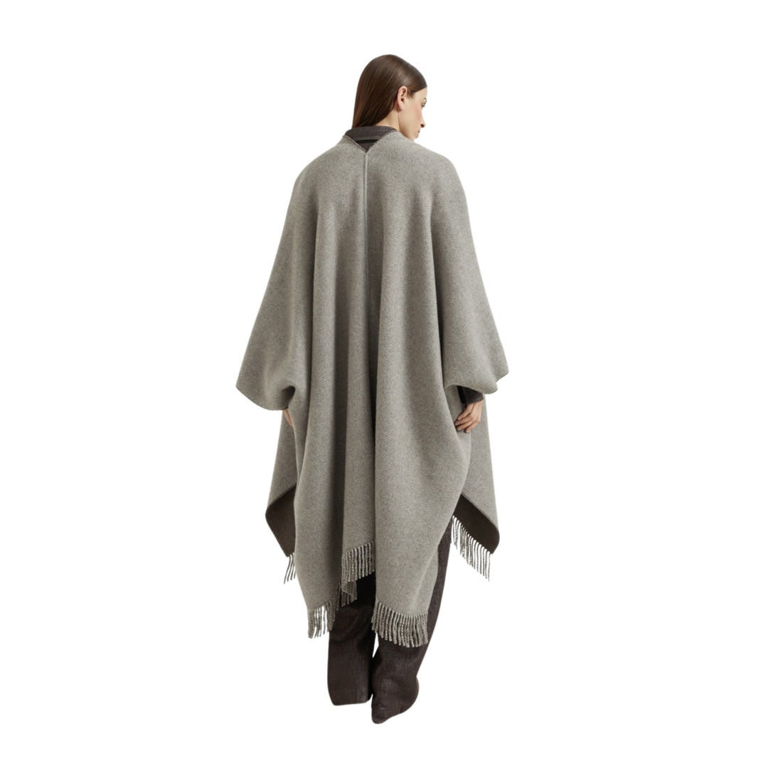 Reversible Cashmere with Lurex Herringbone Poncho - Brown/Pearl CYO16