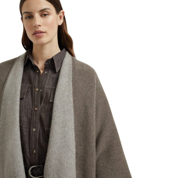 Reversible Cashmere with Lurex Herringbone Poncho - Brown/Pearl CYO16