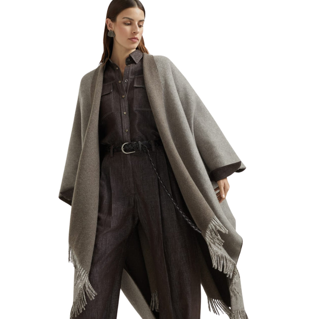 Reversible Cashmere with Lurex Herringbone Poncho - Brown/Pearl CYO16