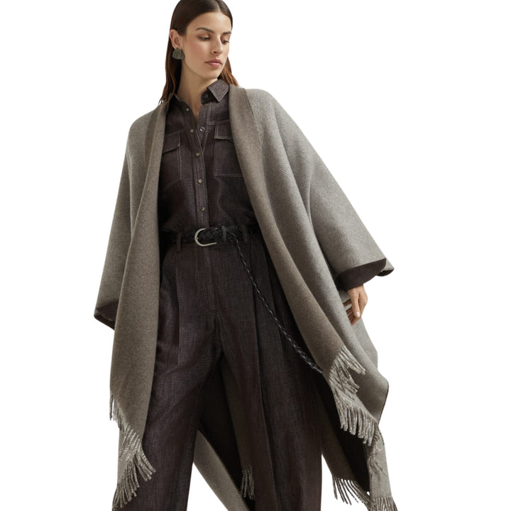 Reversible Cashmere with Lurex Herringbone Poncho - Brown/Pearl CYO16