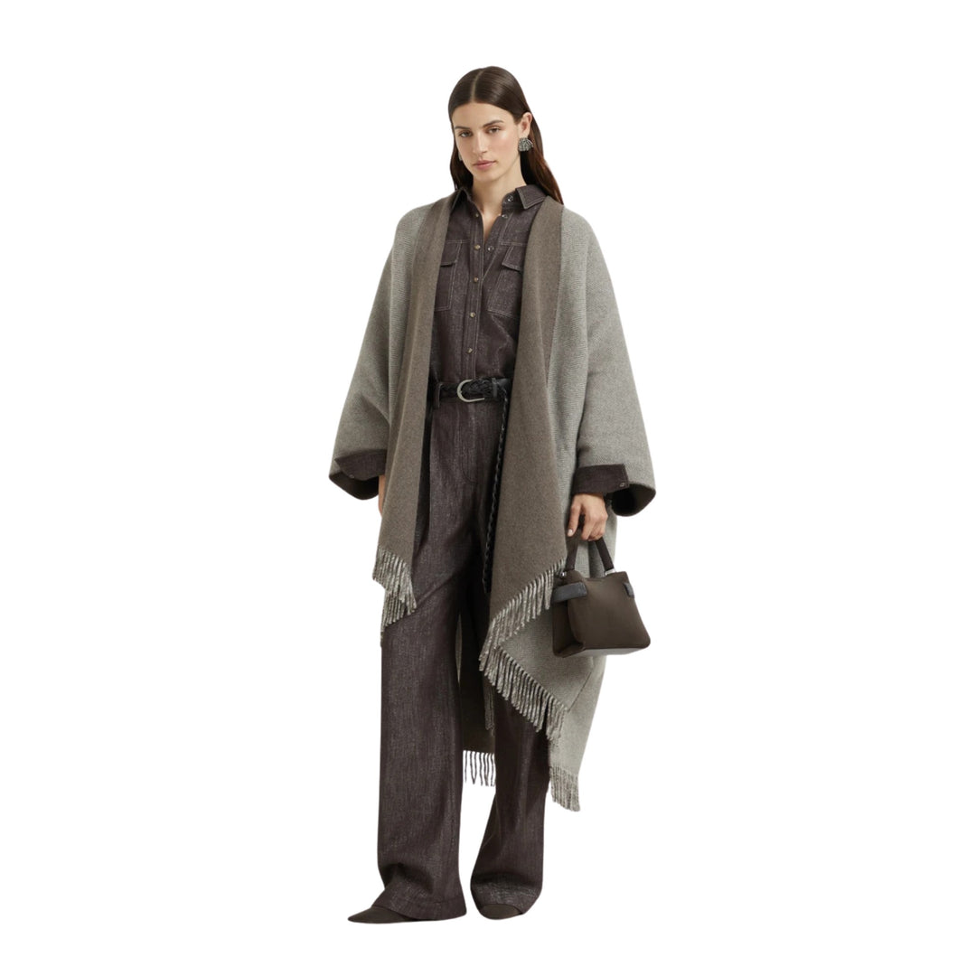 Reversible Cashmere with Lurex Herringbone Poncho - Brown/Pearl CYO16