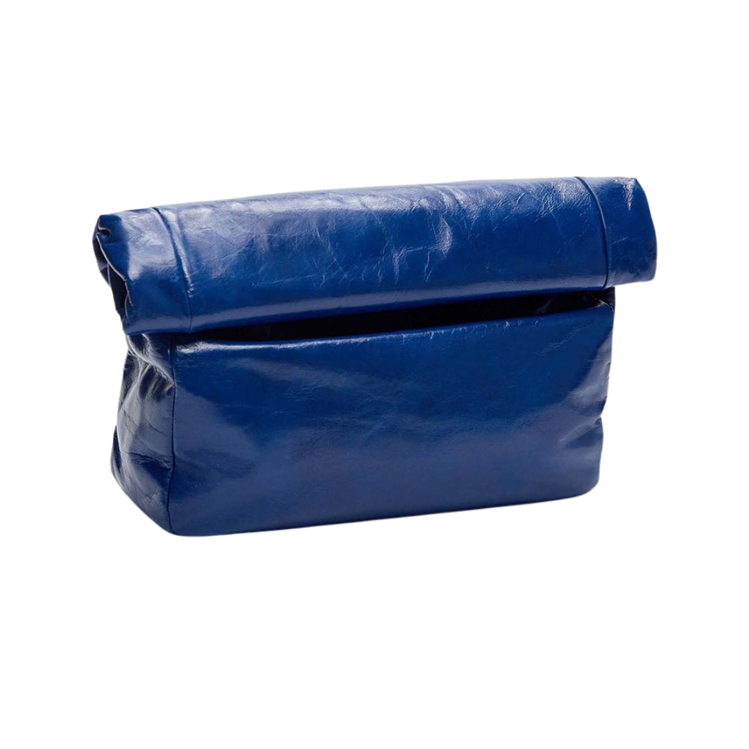 Roll Top Grocer Shiny Crinkle Leather Clutch in True Blue