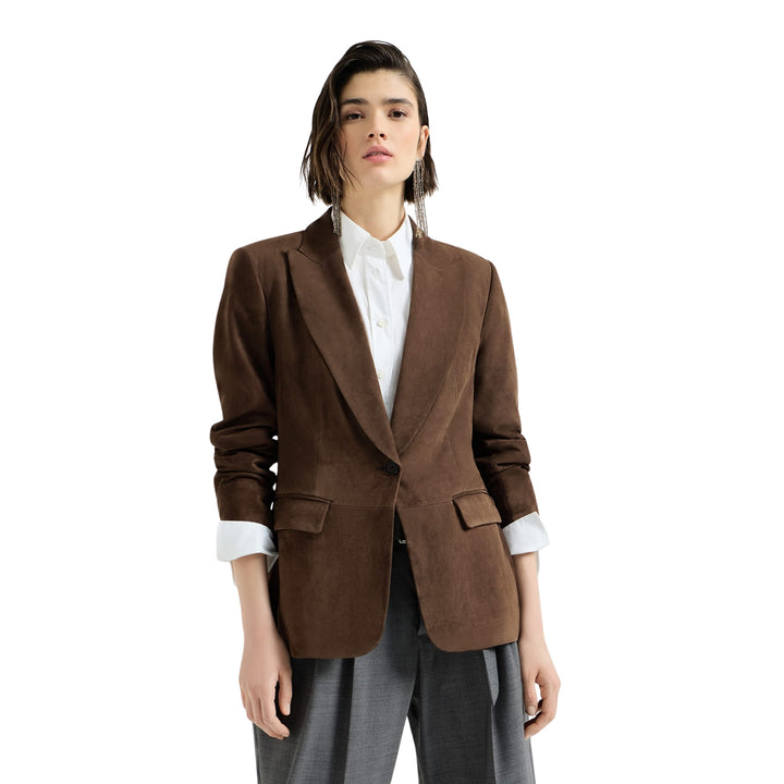 SUEDE SINGLE BREASTED BLAZER IN Warm Chocolate