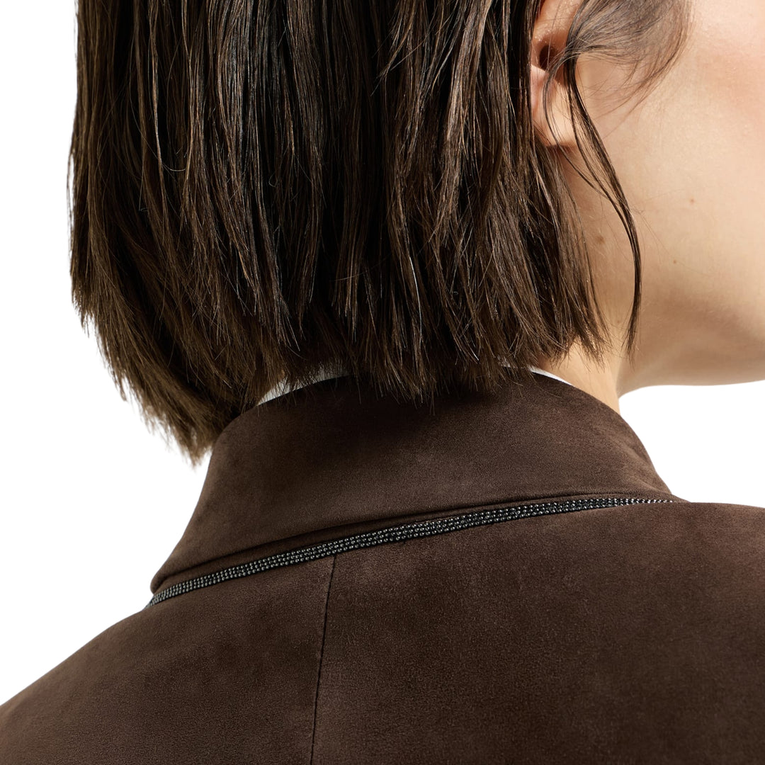 SUEDE SINGLE BREASTED BLAZER IN Warm Chocolate