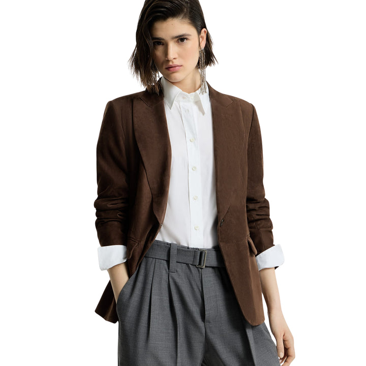 SUEDE SINGLE BREASTED BLAZER IN Warm Chocolate