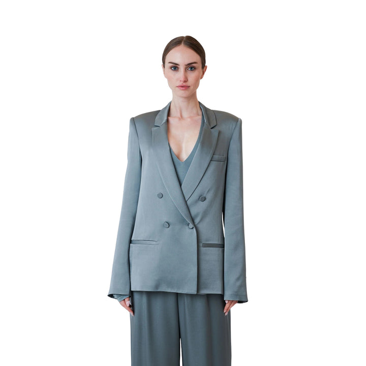 Satin Double Breasted Blazer in Light Slate