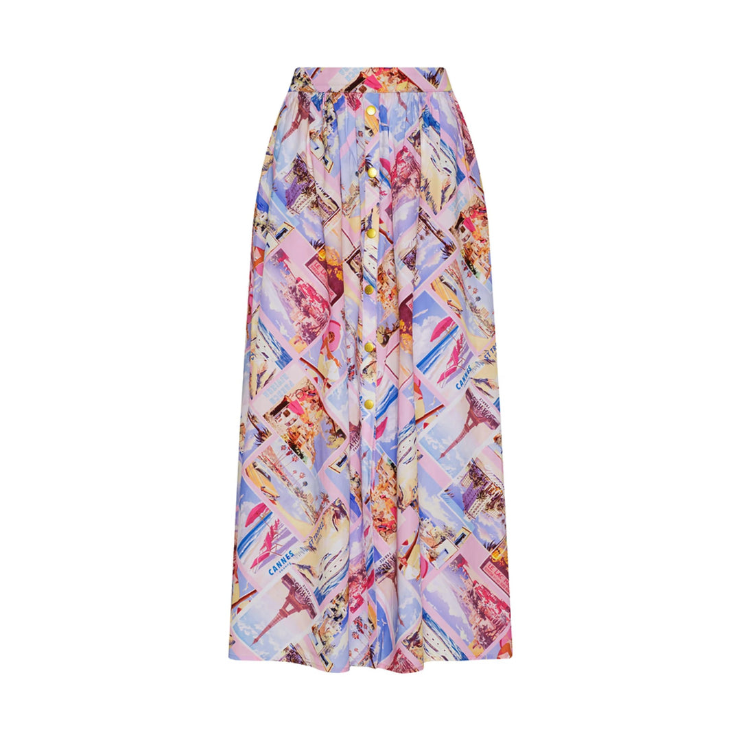 Seina Front Placket Midi Skirt in Light Pink Multi Small Postcard Print