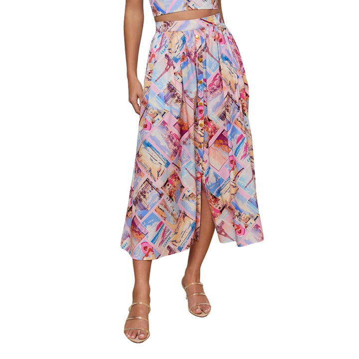 Seina Front Placket Midi Skirt in Light Pink Multi Small Postcard Print