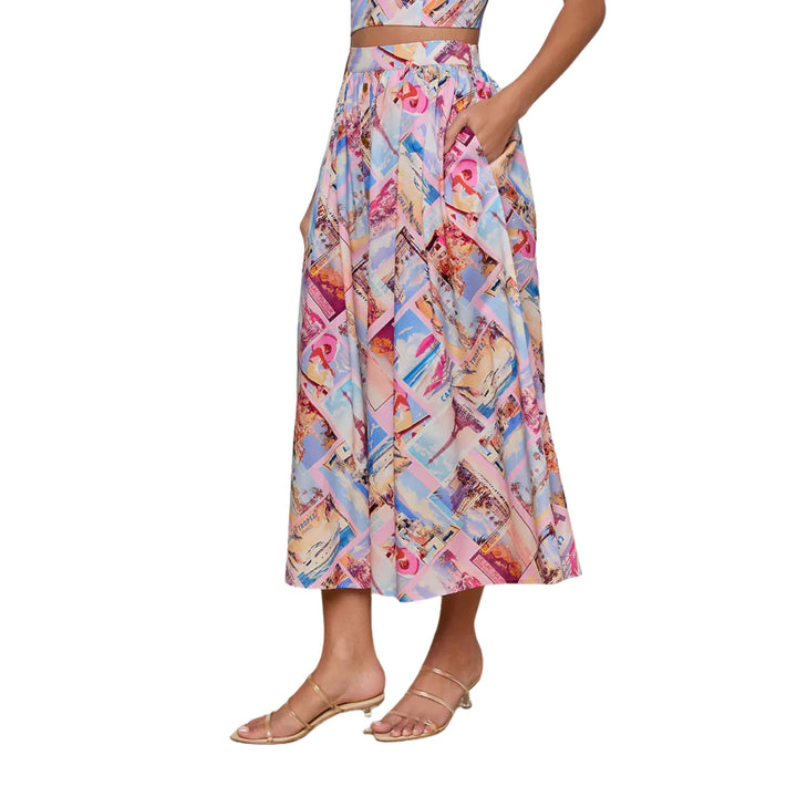 Seina Front Placket Midi Skirt in Light Pink Multi Small Postcard Print