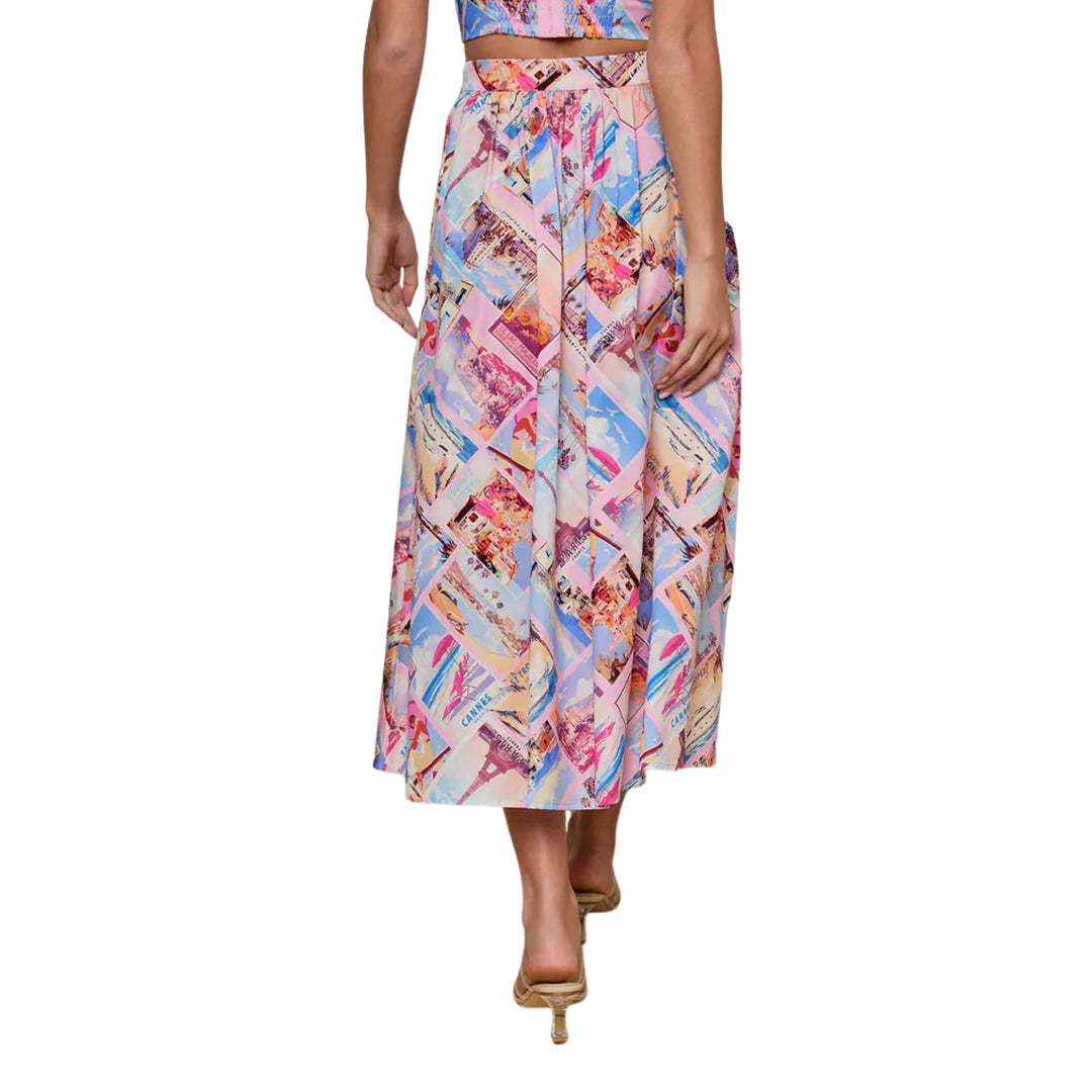 Seina Front Placket Midi Skirt in Light Pink Multi Small Postcard Print