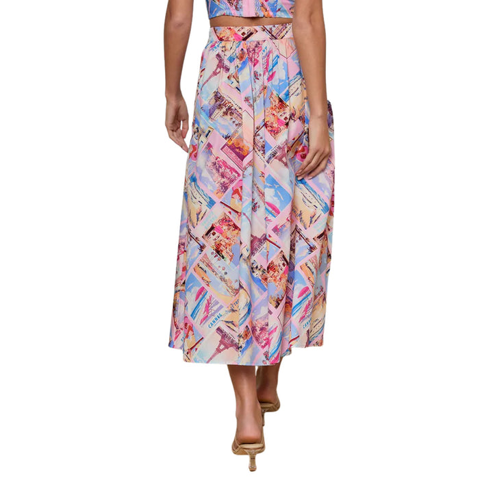 Seina Front Placket Midi Skirt in Light Pink Multi Small Postcard Print