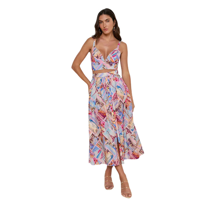 Seina Front Placket Midi Skirt in Light Pink Multi Small Postcard Print