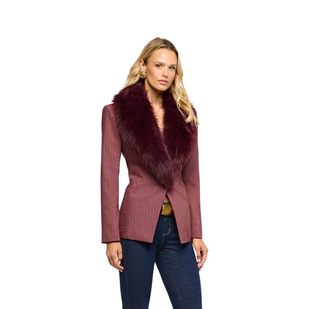 Sheila Fur Collar Blazer in Dark Mauve and Deep Sangria Stripe