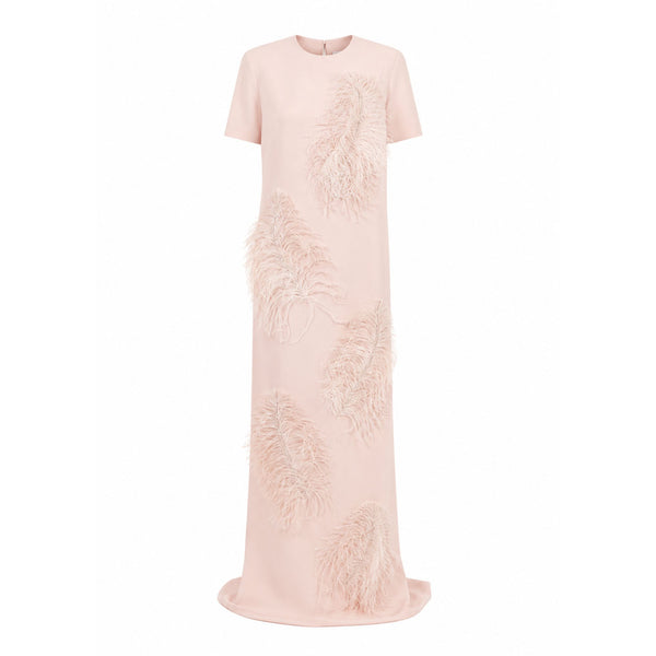 Short Sleeve Jewel Neck London Sheath With Falling Plumes & Gems